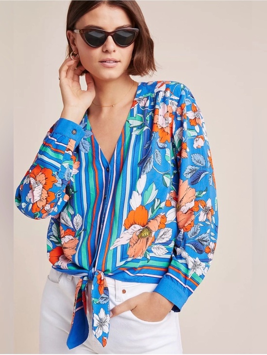 Maeve Tops - ANTHROPOLOGIE MAEVE V-Neck Tie Front Maeve Elan Floral Scarf-Print Blue Sz